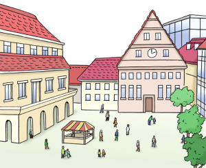 Bild von einem Marktplatz in der Stadt